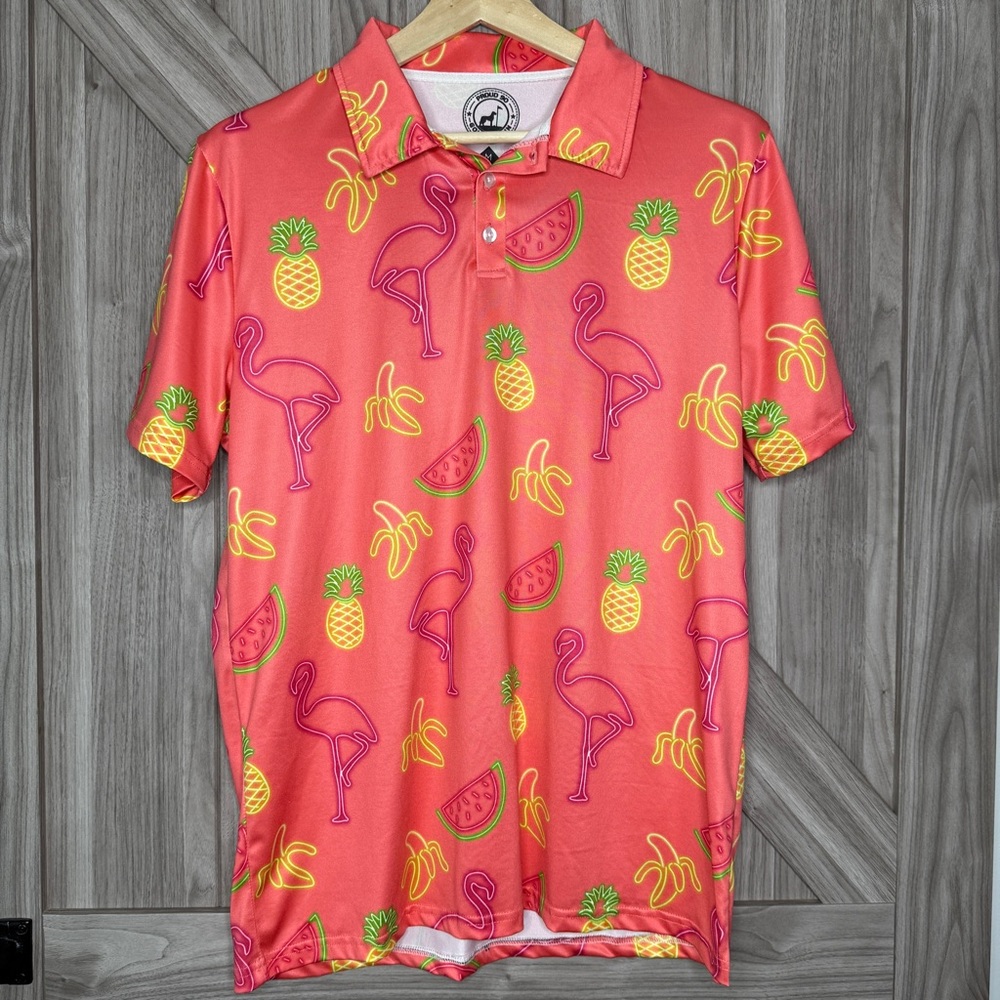 Proud 90 Neon Flamingo Golf Polo Shirt | Mens Medium
